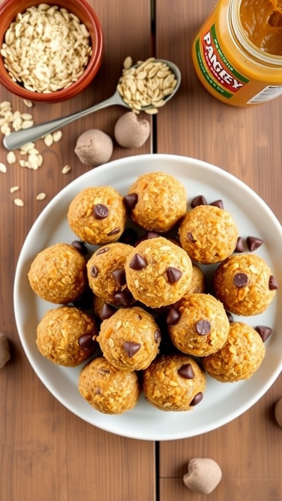 No-Bake Oat and Peanut Butter Energy Balls A plate of no-bake oat and peanut butter energy balls with chocolate chips and nuts, on a rustic wooden table.